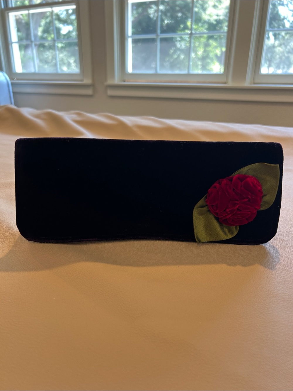 Shiraleah purple Velvet Clutch with Red Rose Accent